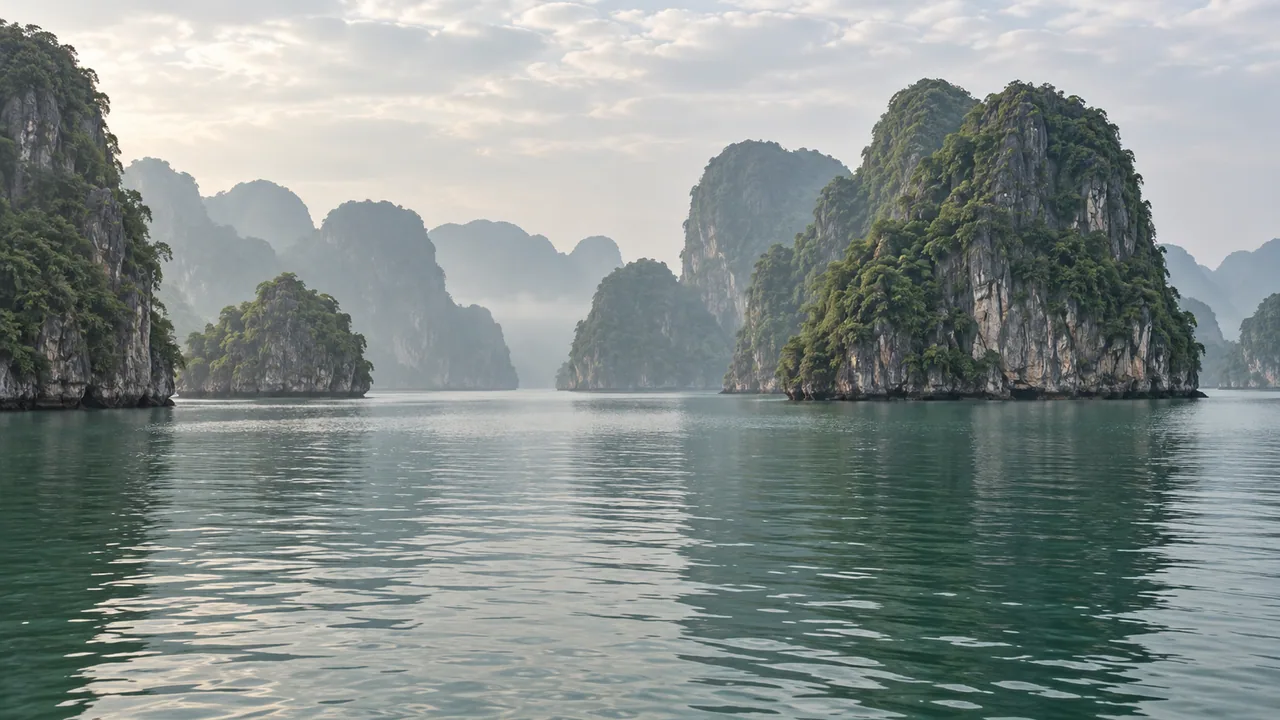 Limestone islands above calm jade-green water in Ha Long Bay.