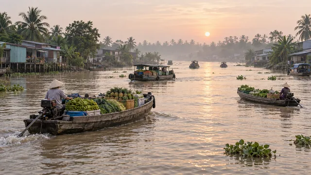 Produce boats on a broad river channel in the Mekong Delta at dawn.