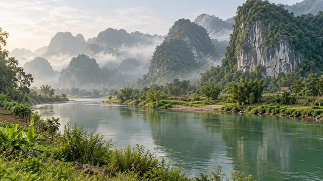 A green river beneath forested limestone hills in the Phong Nha area.