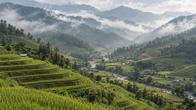 Green rice terraces following the slopes of Muong Hoa Valley near Sa Pa.
